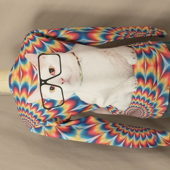 Fun Cat Top Photographic Tee Psychedelic Long Sleeve Athletic T Shirt by Iswag - Picture 5 of 10